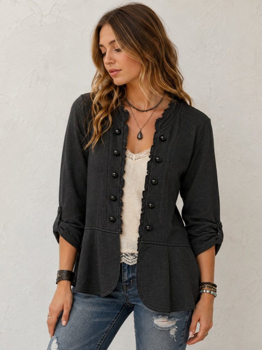 Daytrip Size M Charcoal Grey Ruffled Mini Blazer Buttons Ruffled Dark Academia